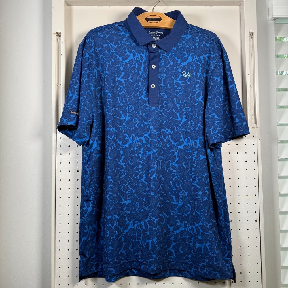 Good Good Golf Polo Shirt Men's Blue Floral  Performance Large Athletic Funky